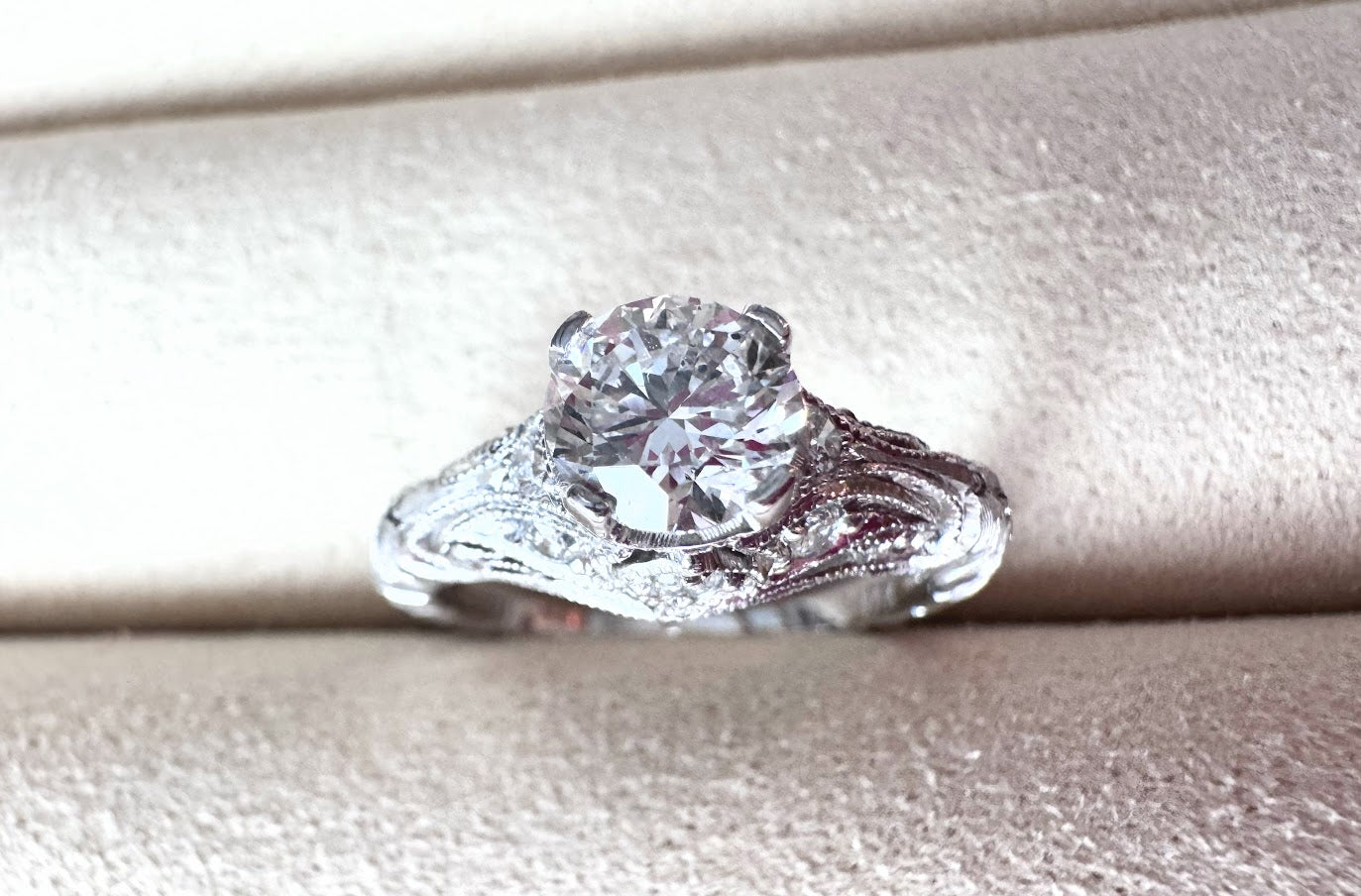 14 K White gold .85ct Lab Grown Brilliant SI2, G Vintage Inspired Engagement Ring