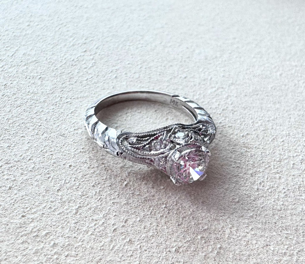 14 K White gold .85ct Lab Grown Brilliant SI2, G Vintage Inspired Engagement Ring